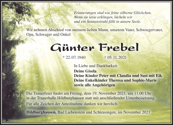 Traueranzeige von Günter Frebel von Südthüringer Presse