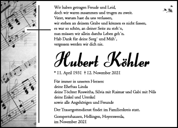 Traueranzeige von Hubert Köhler von Südthüringer Presse