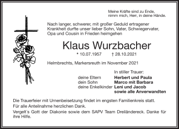 Traueranzeige von Klaus Wurzbacher von Frankenpost