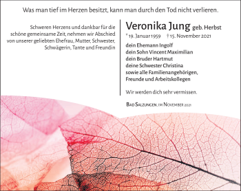 Traueranzeige von Veronika Jung von Südthüringer Presse