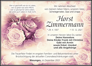 Traueranzeige von Horst Zimmermann von Südthüringer Presse