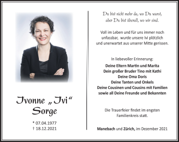 Traueranzeige von Ivonne Sorge von Südthüringer Presse