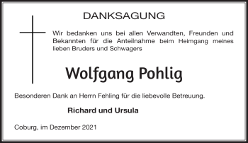 Traueranzeige von Wolfgang Pohlig von Neue Presse Coburg