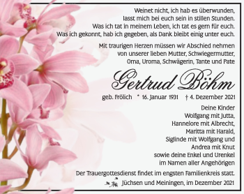 Traueranzeige von Gertrud Böhm von Südthüringer Presse