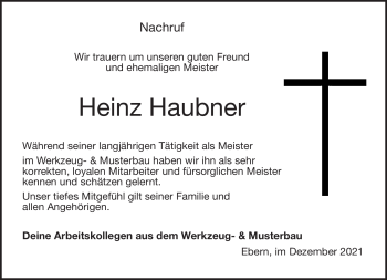 Traueranzeige von Heinz Haubner von Neue Presse Coburg