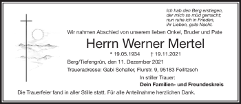 Traueranzeige von Werner Mertel von Frankenpost