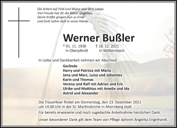 Traueranzeige von Werner Bußler von Frankenpost
