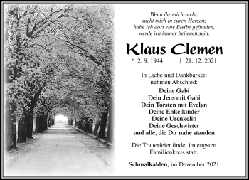 Traueranzeige von Klaus Clemen von Südthüringer Presse