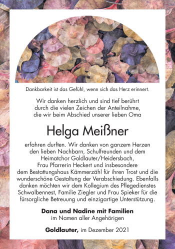 Traueranzeige von Helga Meißner von Südthüringer Presse