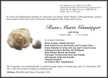 Traueranzeige von Rose-Marie Gössinger von Südthüringer Presse