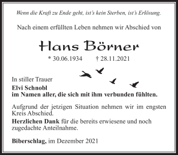 Traueranzeige von Hans Börner von Südthüringer Presse