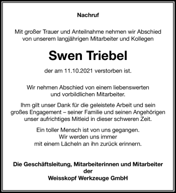 Traueranzeige von Swen Triebel von Südthüringer Presse