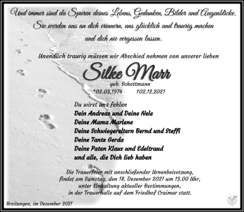 Traueranzeige von Silka Marr von Südthüringer Presse