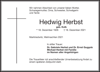 Traueranzeige von Hedwig Herbst von Frankenpost