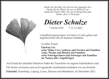 Traueranzeige von Dieter Schulze von Südthüringer Presse