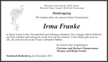 Traueranzeige von Irma Franke von Südthüringer Presse