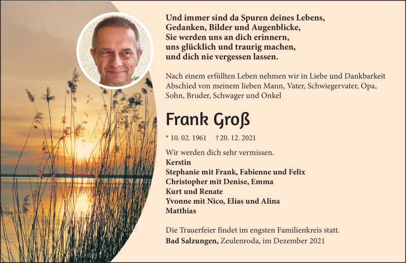  Traueranzeige für Frank Groß vom 29.12.2021 aus Südthüringer Presse