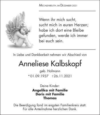 Traueranzeige von Anneliese Kalbskopf von Frankenpost