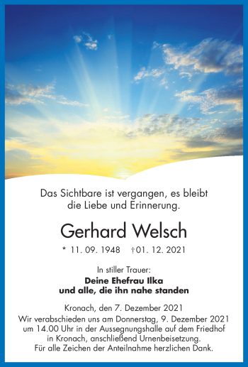 Traueranzeige von Gerhard Welsch von Neue Presse Coburg