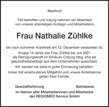 Traueranzeige von Nathalie Zühlke von Neue Presse Coburg