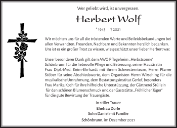 Traueranzeige von Herbert Wolf von Südthüringer Presse