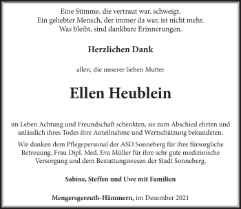 Traueranzeige von Ellen Heublein von Südthüringer Presse