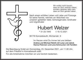 Traueranzeige von Hubert Welzer von Frankenpost