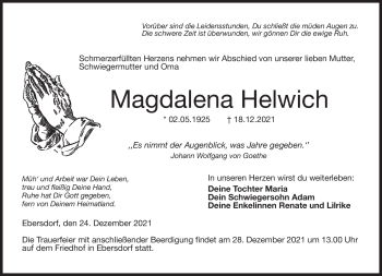 Traueranzeige von Magdalena Helwich von Neue Presse Coburg