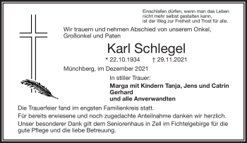 Traueranzeige von Karl Schlegel von Frankenpost