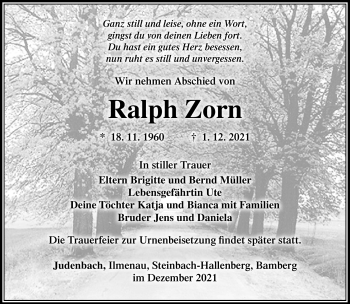 Traueranzeige von Ralph Zorn von Südthüringer Presse