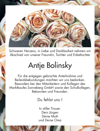 Traueranzeige von Antje Bolinsky von Südthüringer Presse