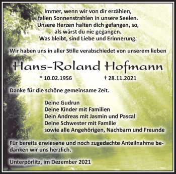 Traueranzeige von Hans-Roland Hofmann von Südthüringer Presse