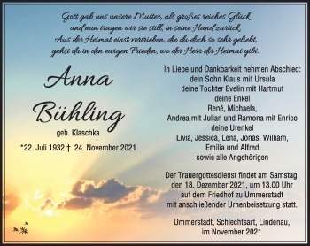 Traueranzeige von Anna Bühling von Südthüringer Presse
