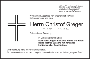 Traueranzeige von Christof Greger von Frankenpost