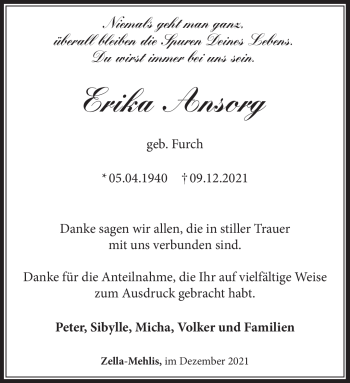 Traueranzeige von Erika Ansorg von Südthüringer Presse