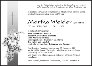 Traueranzeige von Martha Weider von Südthüringer Presse