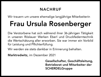 Traueranzeige von Ursula Rosenberger von Frankenpost