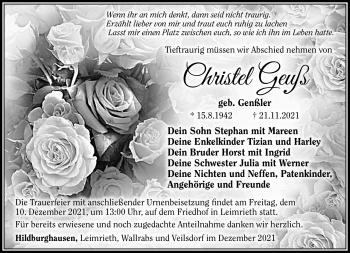 Traueranzeige von Christel Geuß von Südthüringer Presse