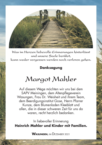 Traueranzeige von Margot Mahler von Südthüringer Presse