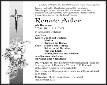 Traueranzeige von Renate Adler von Südthüringer Presse