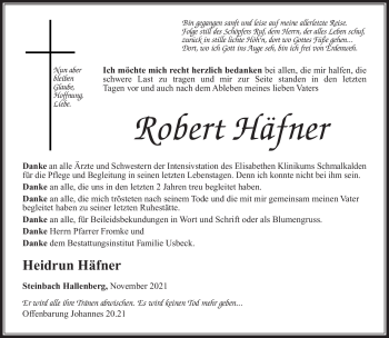 Traueranzeige von Robert Häfner von Südthüringer Presse