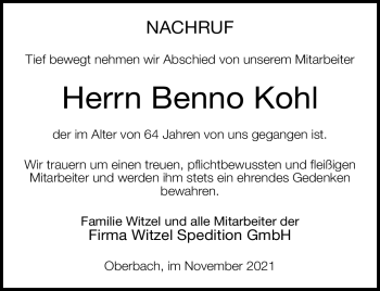Traueranzeige von Benno Kohl von Südthüringer Presse