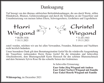 Traueranzeige von Harri Wiegand von Südthüringer Presse