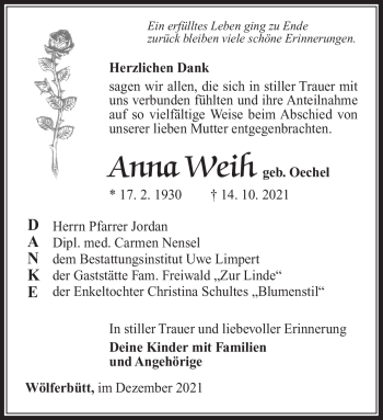 Traueranzeige von Anna Weih von Südthüringer Presse