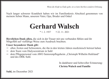 Traueranzeige von Gerhard Walsch von Südthüringer Presse