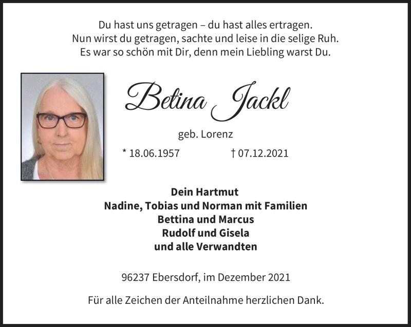  Traueranzeige für Betina Jackl vom 11.12.2021 aus Neue Presse Coburg