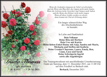 Traueranzeige von Gisela Thomas von Südthüringer Presse