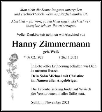Traueranzeige von Hanny Zimmermann von Südthüringer Presse