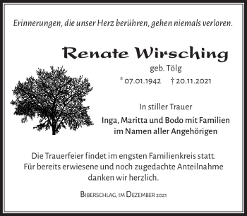 Traueranzeige von Renate Wirsching von Südthüringer Presse
