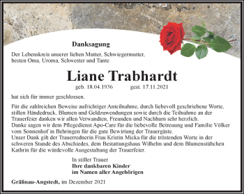 Traueranzeige von Liane Trabhardt von Südthüringer Presse